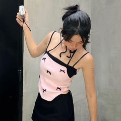 2025韓版新款辣妹內搭純欲甜美蝴蝶結撞色假兩件吊帶小眾設計背心