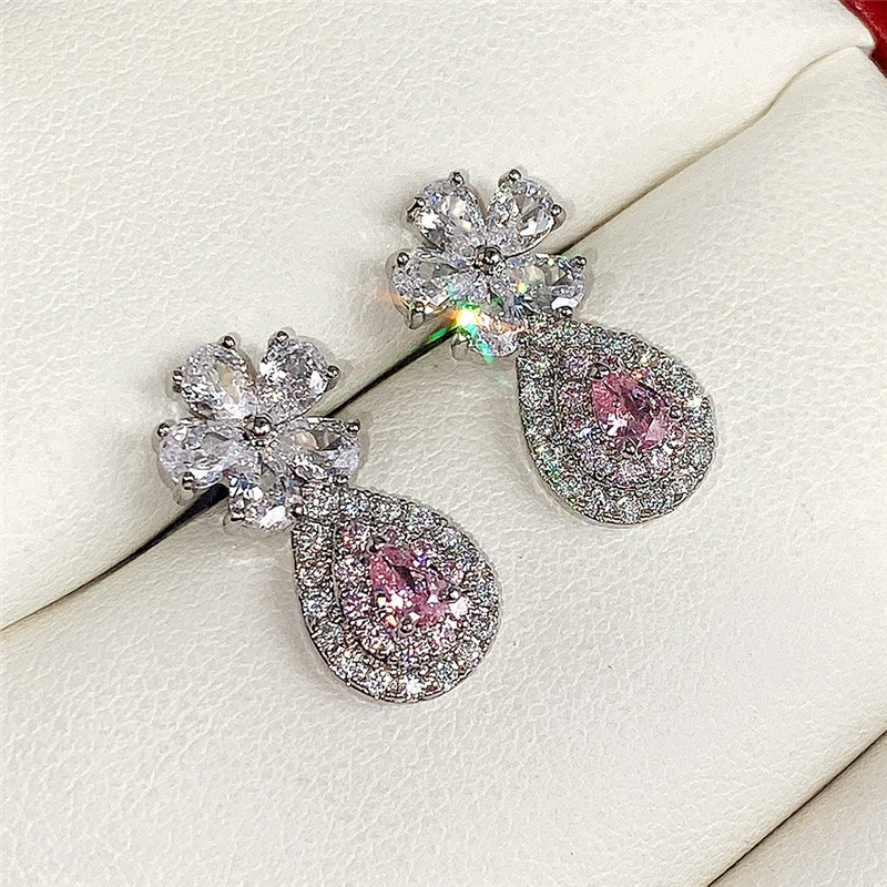 Pendientes largos de corazón rosa estilo flor de lujo_voghion.com