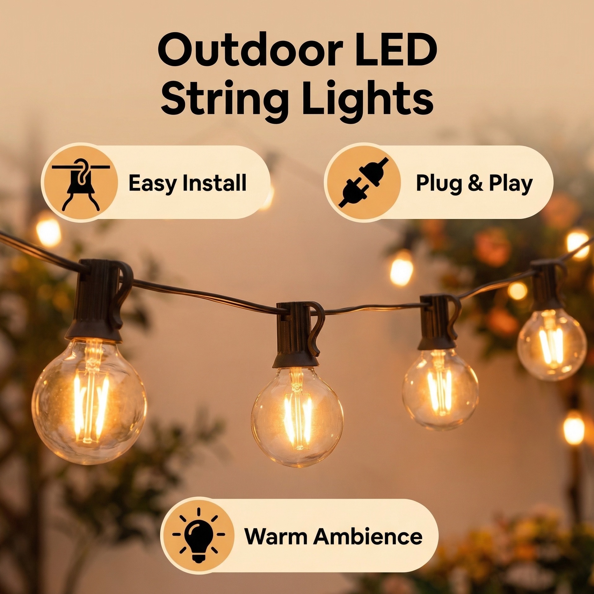 Cadena de Luces LED Solares G40 Impermeable IP55 para Patio, Navidad y Camping