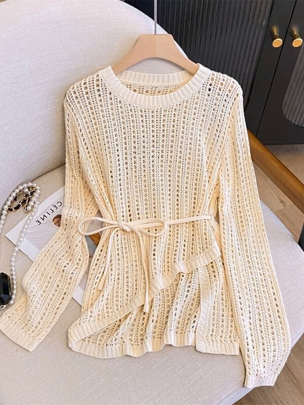 2024 Summer Thin Lazy Style Dummy Air Conditioner Outer Blouse Women's Round Neck Irregular Crochet Hollow Knit Sweater