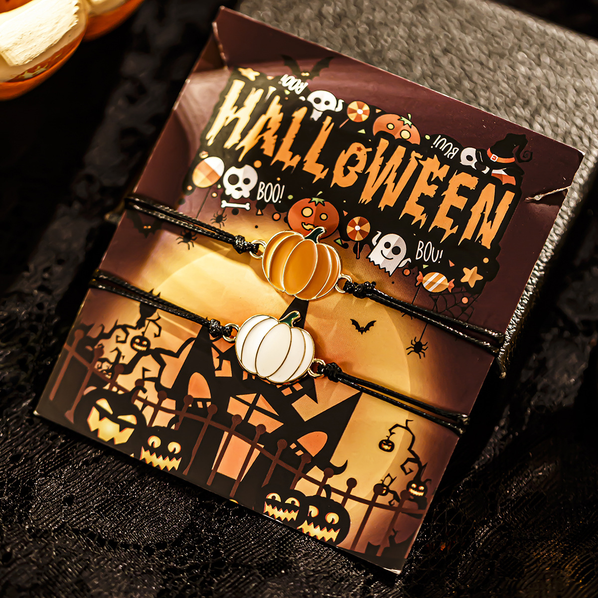 Halloween ghost leather wax line bracelet, dark wind bat alloy bracelet set_voghion.com