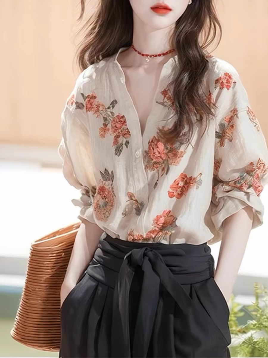 Áo sơ mi nữ dài tay họa tiết hoa nhí đi làm — Màu ảnh