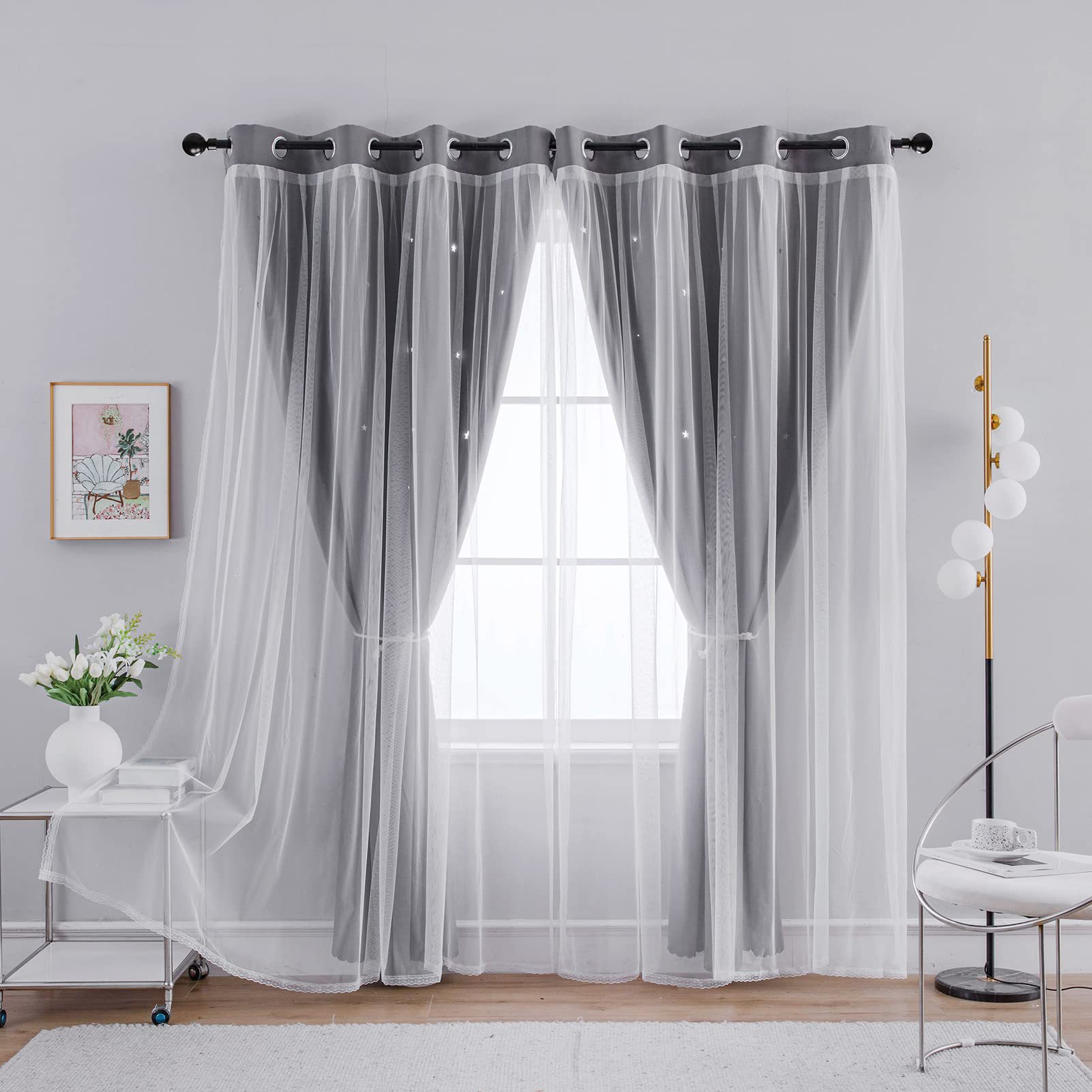double layer curtains hollow star blackout rod punching short curtains_voghion.com