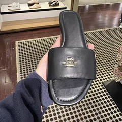P家新款欧美中东迪拜荷兰德国加拿大金属logo真皮亮面平底一字拖