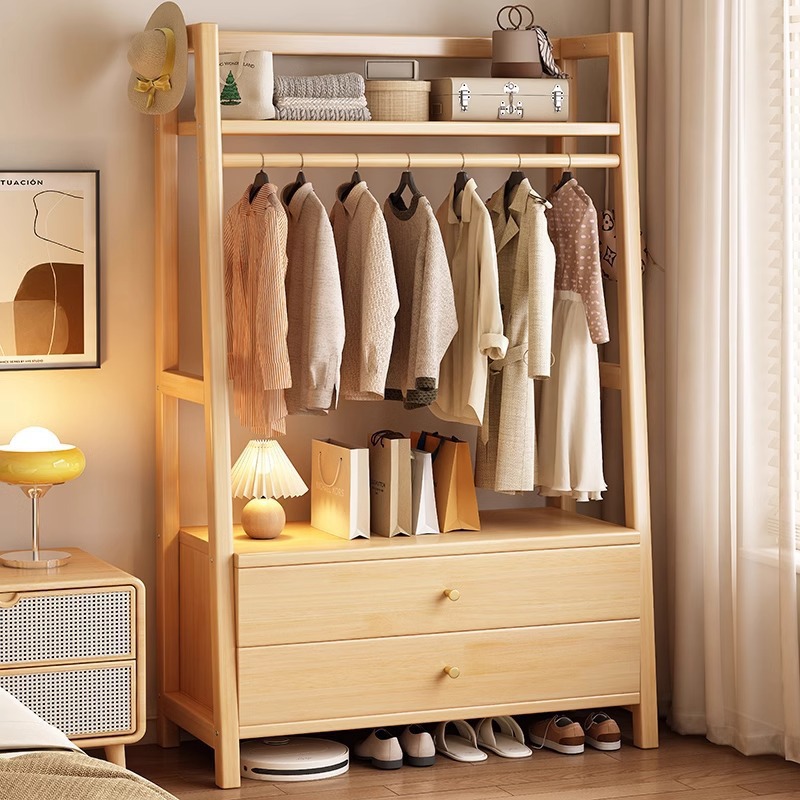 Nordic Solid Wood Coat Rack with Drawer Modern Simple Bedroom Bedside Table Clothes Hanger Integrated Home Floor-Standing Clothes Hanger