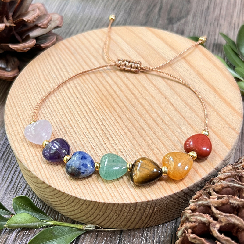 Seven-Color Crystal Love Bracelet, Hand-Woven Rope, Natural Heart-Shaped Amethyst Bracelet, Versatile Jewelry, Cross-Border Wholesale