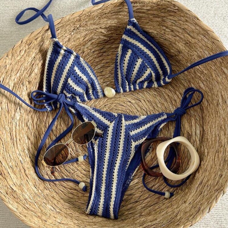 2026 European and American New Style Knitted Mesh Striped Halter Tie Two-Piece Swimsuit Sexy Bikini Two-Piece Swimwear