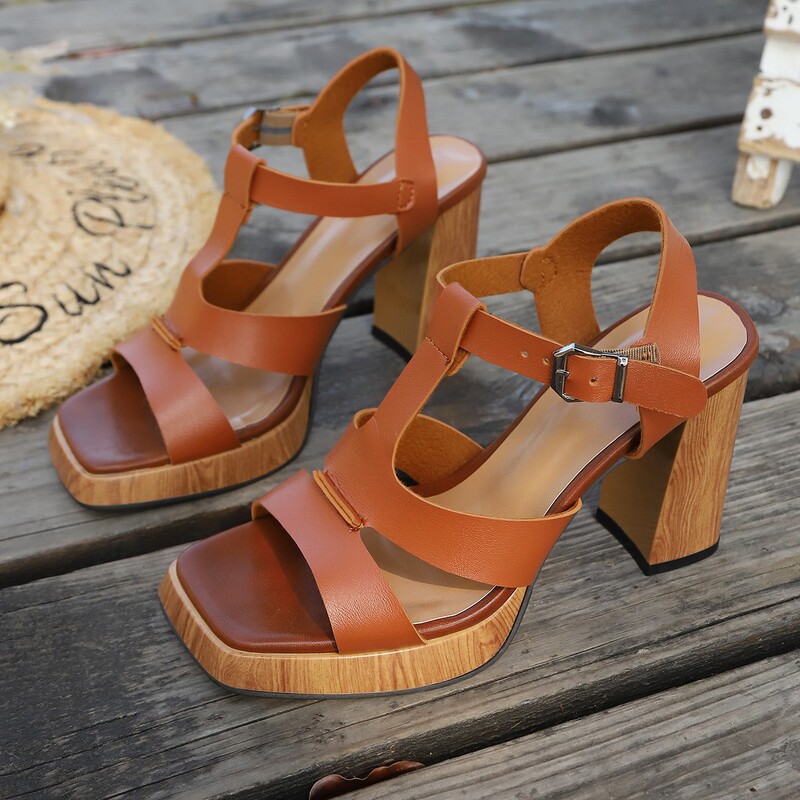 2026 Summer New Vintage Brown High-Heeled Strap Sandals for Women, Chunky Heel Open-Toe Platform Roman Shoes