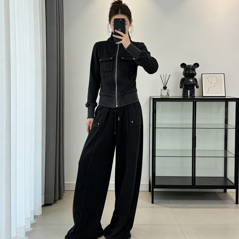 1355 Spring New Retro Motorcycle Cool High-Neck Sweatshirt Jacket with 3D Pockets and Mini Skirt Two-Piece Set