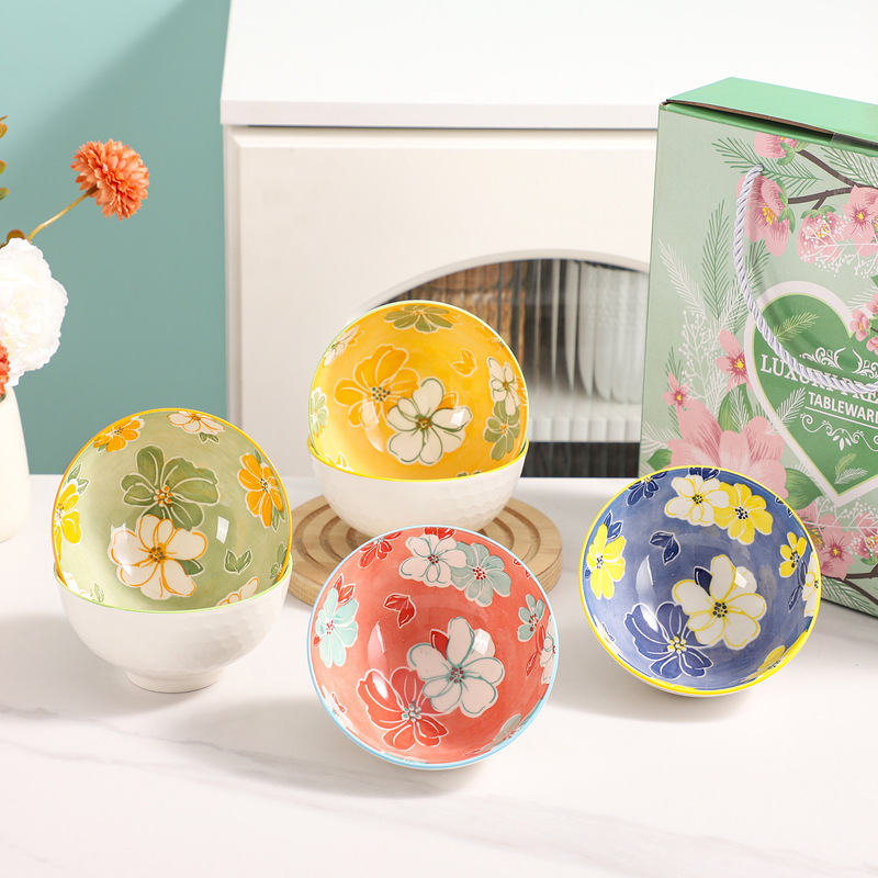Watercolor Flower Set Bowl Vintage Gift Bowl Ceramic Bowl Dish Plate Foreign Trade Rice Bowl Cross-border Tableware Accompanying Gift Box suit