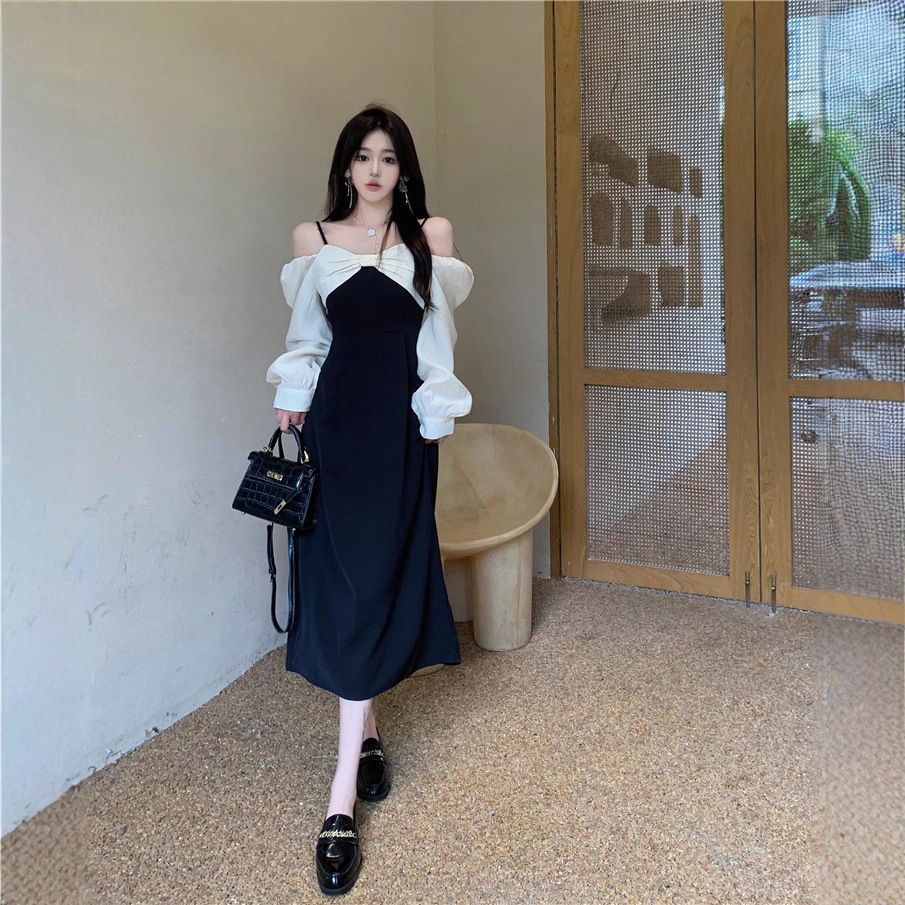 2025大码秋装气质露肩连衣裙女新款胖妹妹遮肚显瘦法式赫本风裙子
