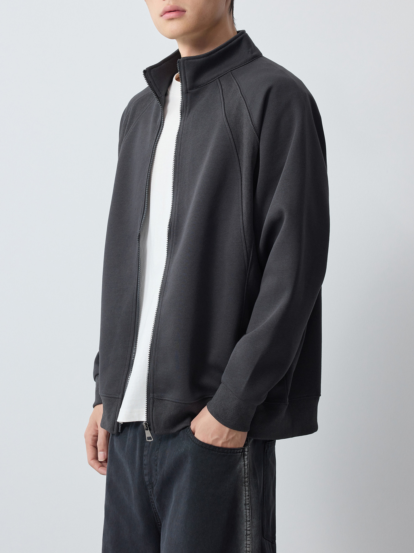 Áo hoodie nam nỉ cổ đứng khóa kéo phong cách thể thao thành phố — đen