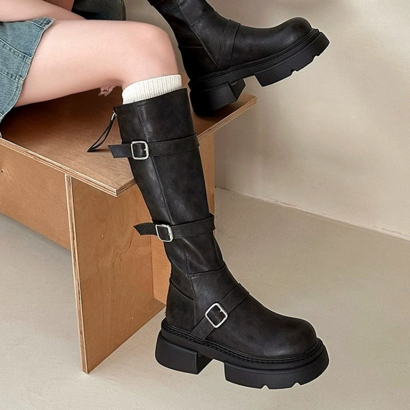 Brown denim high boots