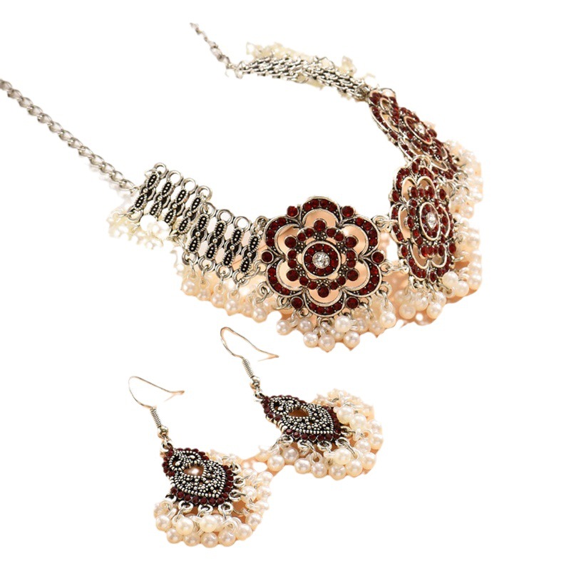 Estilo bohemio simple metal vintage rhinestone rosa perla de dos piezas collar pendientes combinación traje Mujer