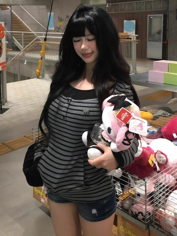 美式复古连帽套头长袖T恤女秋季新款条纹假两件修身显瘦百搭上衣|undefined