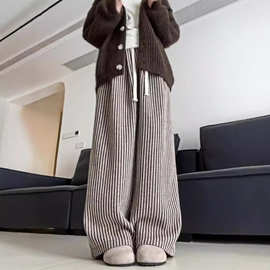 竖条纹毛呢阔腿裤子女秋冬新款高腰休闲复古居家直筒慵懒拖地裤女