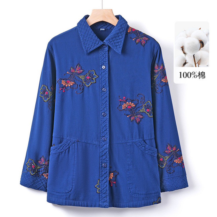 Women's long-sleeved embroidered cotton shirt for middle-aged and elderly women, suitable for spring and autumn.