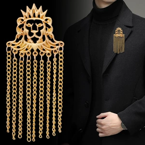 African Lion Brooch with Tassel Chain Crown Flower for Men Personalized Lion Badge for Women's Coat Accessories