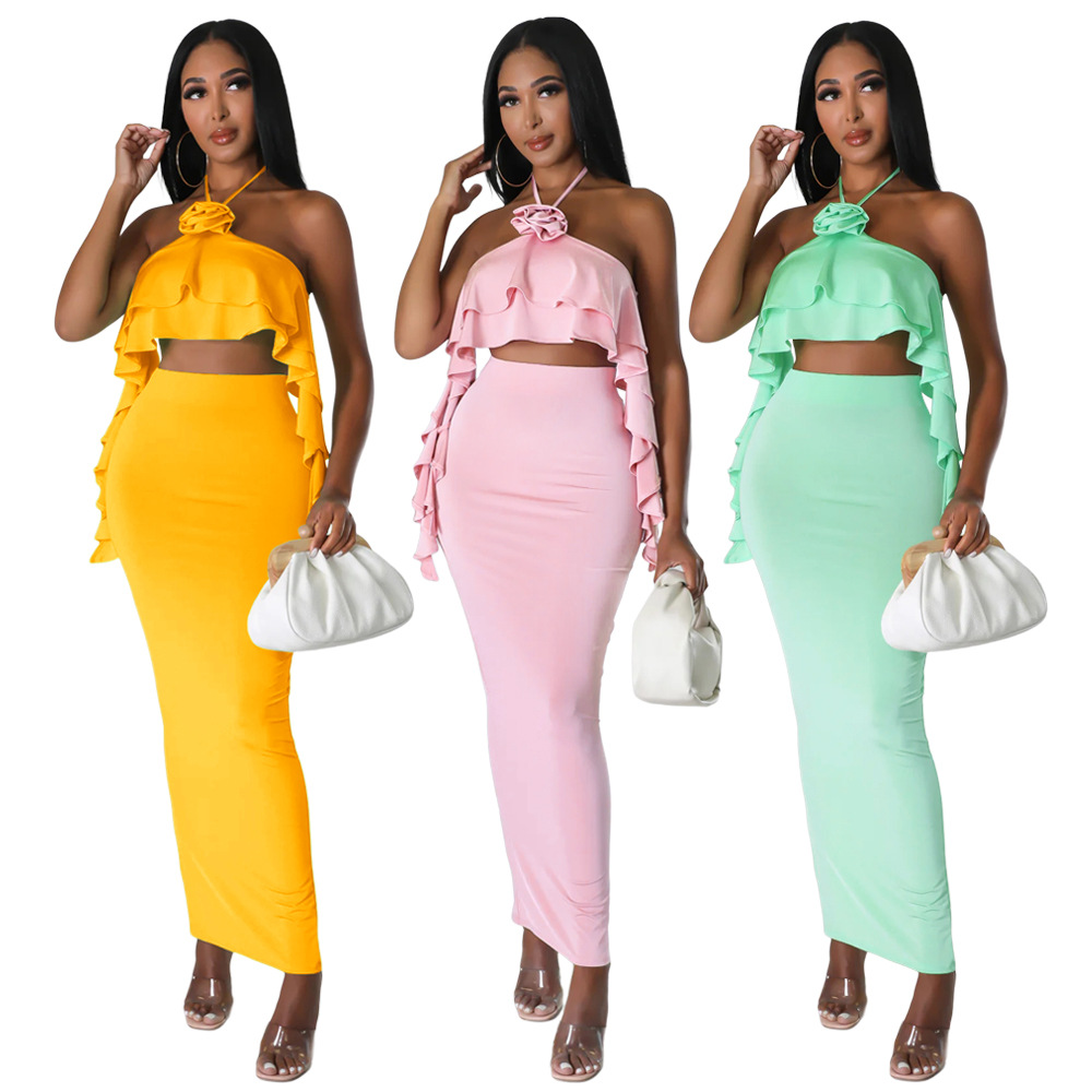 Women's Vacation Solid Color Polyester Slit Lettuce Trim Skirt Sets display picture 1