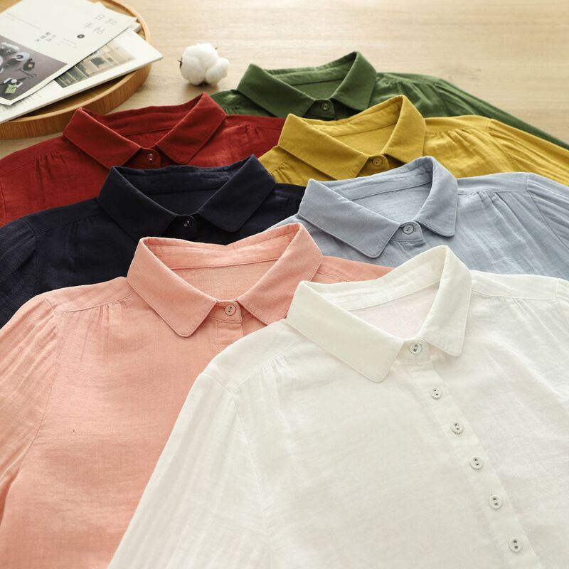 Pure Cotton Double-Layer Cotton Gauze Long-Sleeved Shirt for Women, Simple Pure Color, Versatile, Artistic Pointed Collar, Soft and Skin-Friendly Baby Cotton Top