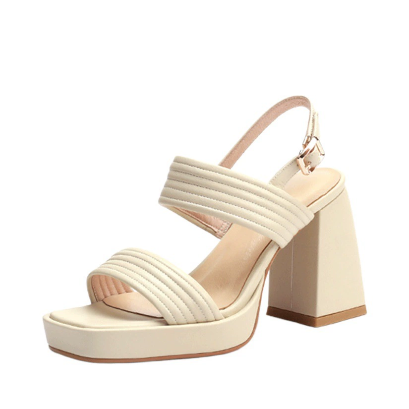 Квадратные туфли на толстом каблуке сплошной цвет босоножки на высоком каблуке 2024 Новый стиль с пряжкой с открытыми пальцами римские женские сандалии