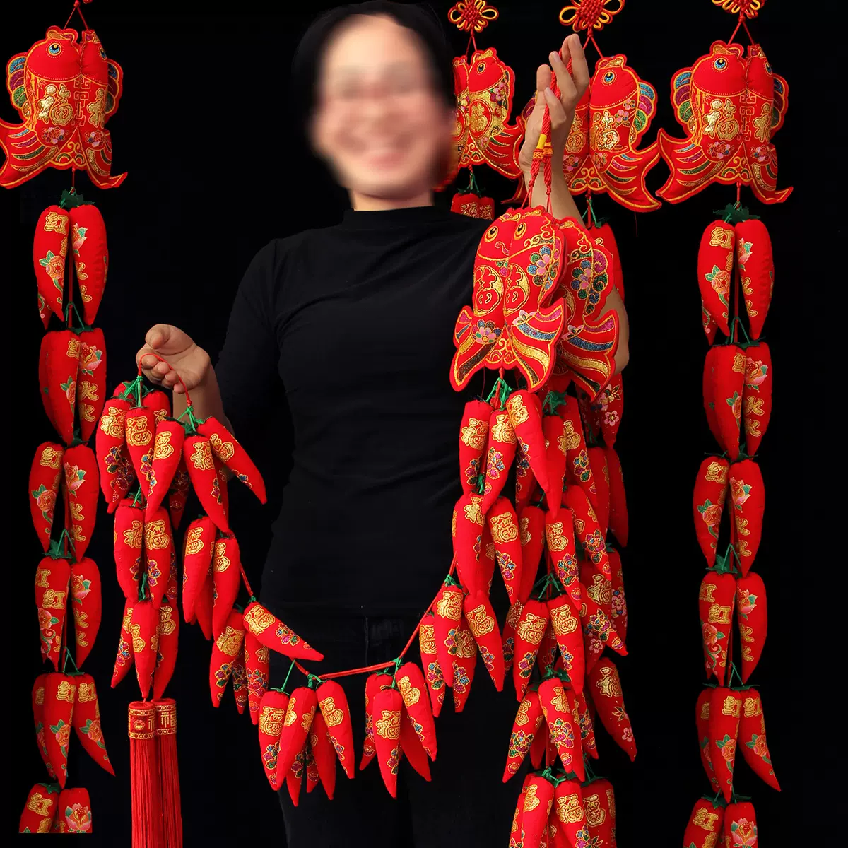 新款过年双鱼绒布印花辣椒串乔迁婚庆酒店场景布置新年装饰挂件