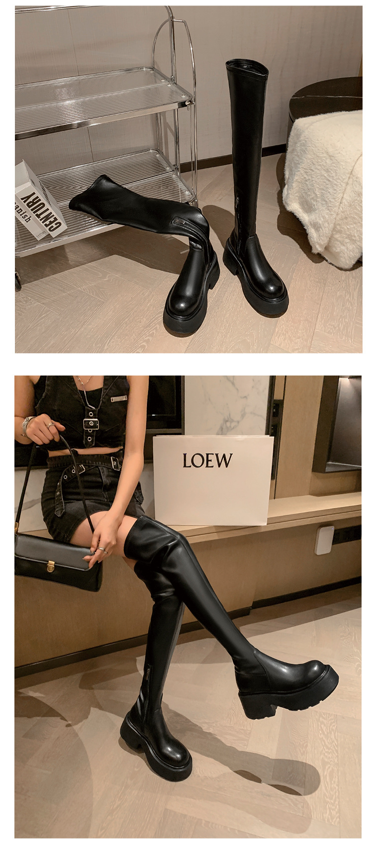 Boot nữ cổ cao ôm chân đế xuồng gót 9 cm — Lớp lót bằng da sáng chế màu đen chi tiết 6