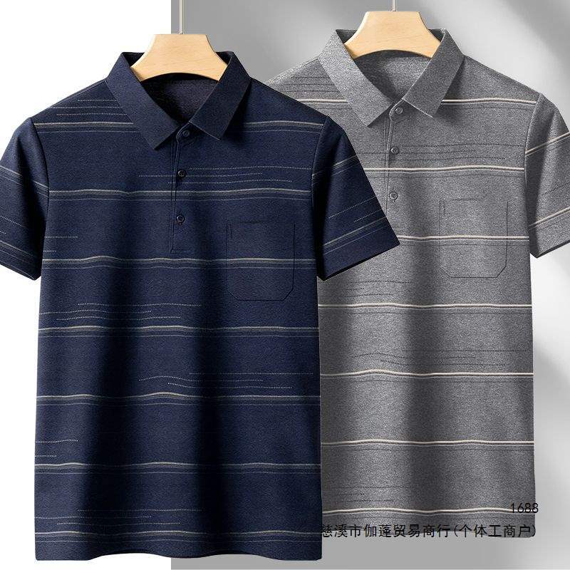 Classic striped men's summer polo shirt, casual style, for middle-aged and elderly men, with pockets, lapel, thin fit, and collar label.