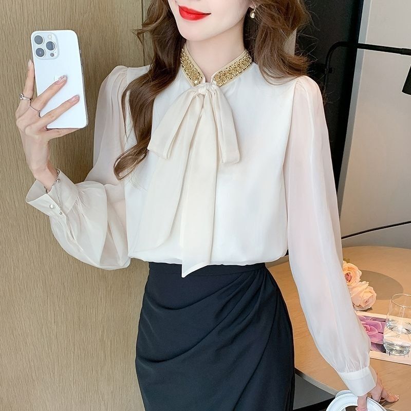 French High-End Sequined Bow Shirt for Women 2025 New Spring Unique and Beautiful Blouse in Apricot Chiffon