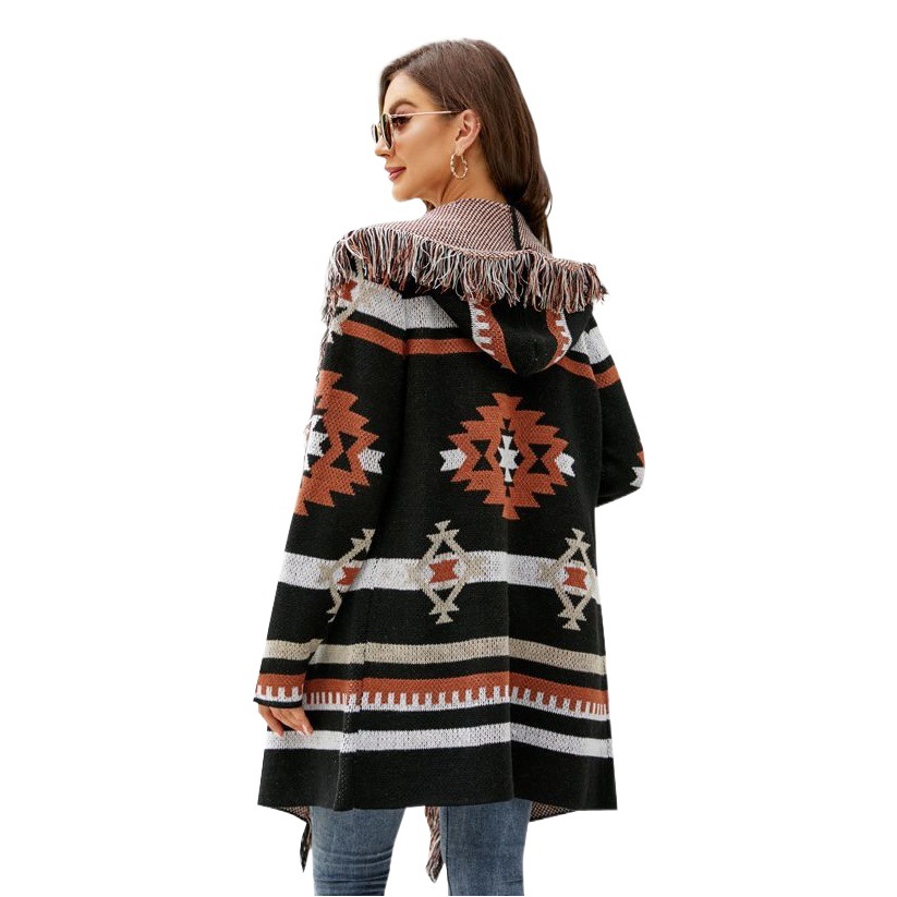 Transfronterizo 2023 otoño e invierno europeo y americano suelto con capucha suéter largo abrigo borla geométrica jacquard suéter cardigan image 1
