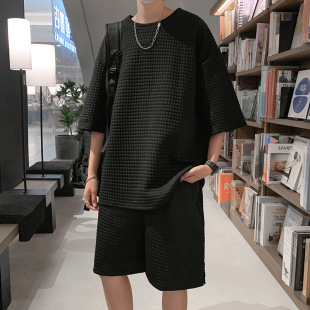 Summer Waffkle T-shirt Casual Sports suit Men's Hong Kong Style Ins Loose Solid Color Short-sleeved Five-length Pants Two-piece Set Trendy