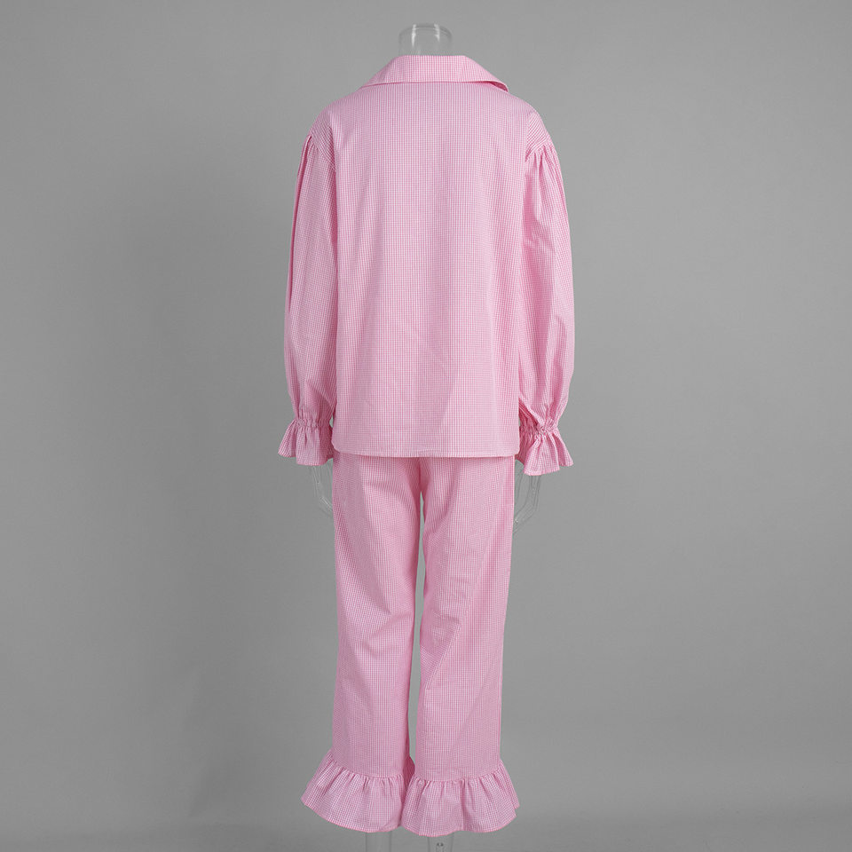 Bộ đôi áo sơ mi tay dài bèo nhún và quần dài kẻ caro cotton — hồng chi tiết 5