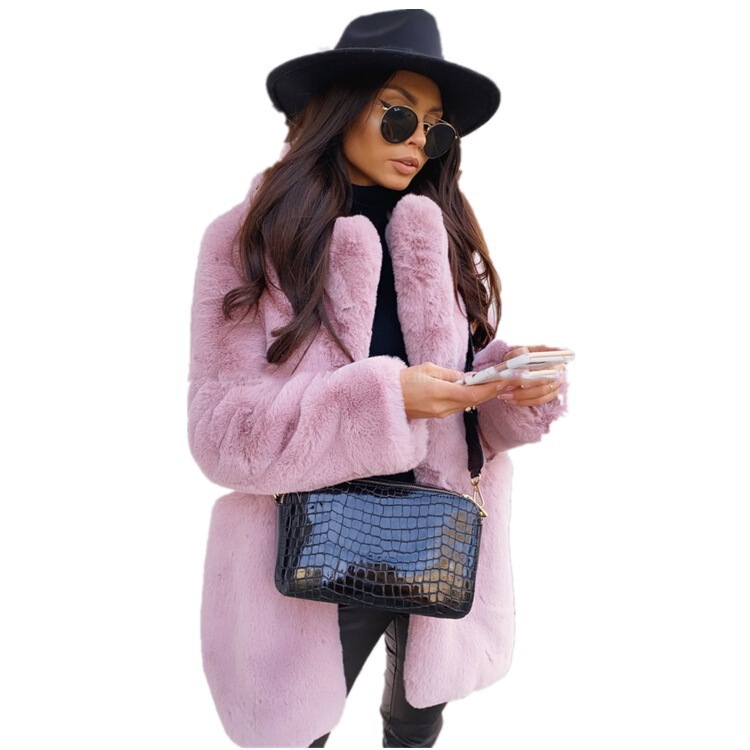 European and American Style Commuter Long-Sleeve Lapel Faux Fur Coat, Warm Slim-Fit Women's Faux Fur Coat