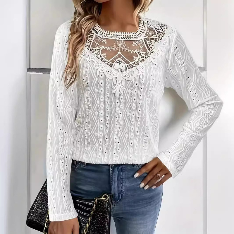 2024 Amazon AliExpress summer new comfortable elegant fashion solid color lace stitching hollow long sleeve T-shirt