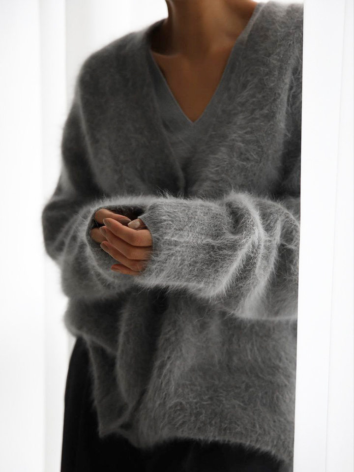Áo cardigan len dệt kim giả lông chồn cổ V tay dài form rộng nữ — Màu hồng, Màu kaki, Màu trắng, Màu xám nhạt chi tiết 31