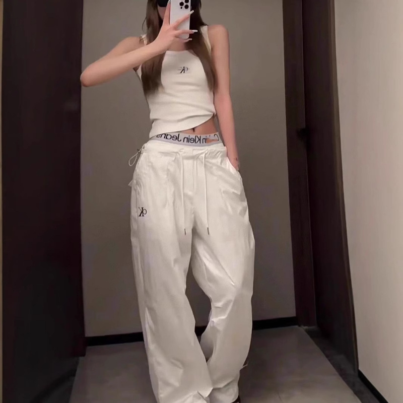 K Brand Same Style Letter Embroidery Cargo High-Waisted Drawstring Loose Versatile Paratrooper Pants Jogger Pants Fashion Casual