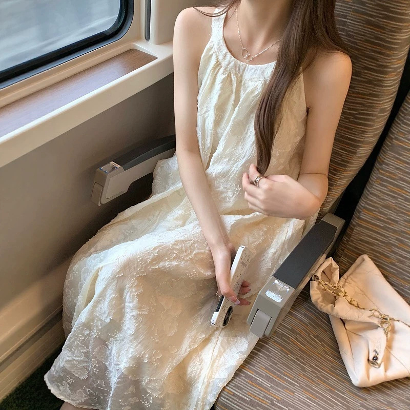 Váy liền maxi nữ cổ yếm dáng suông họa tiết hoa nổi — màu mơ chi tiết 1