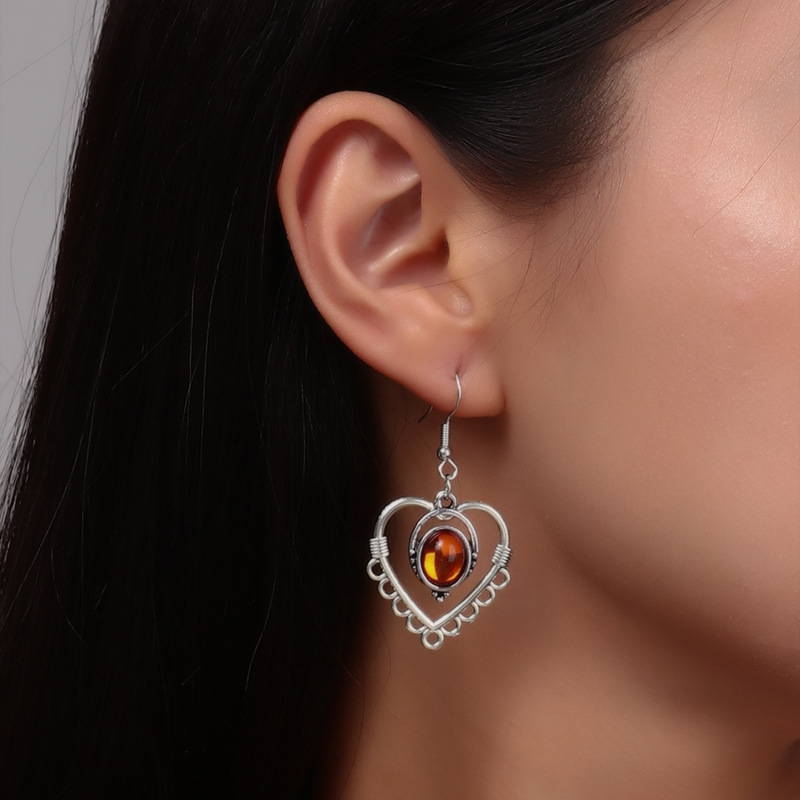 欧美跨境饰品新款试试心形桃心耳坠耳饰复古仿真宝石镂空爱心耳环