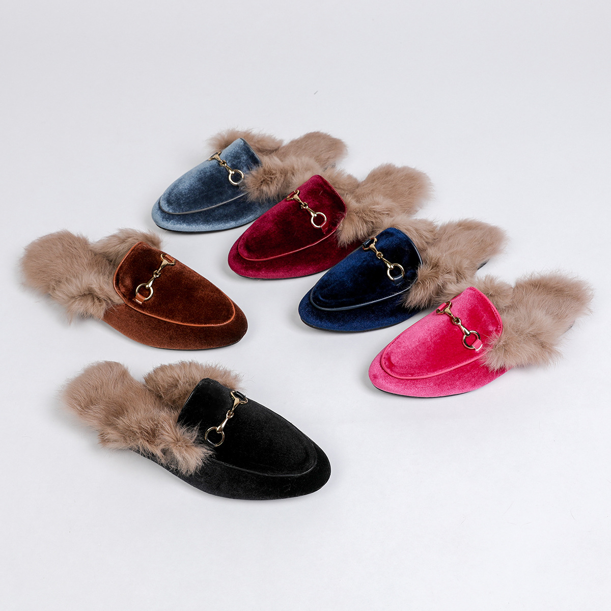Small Order Xiyin Large Size 35-43 Mule Closed-Toe Slippers Flat Soft Leather Rabbit Fur Women's Shoes with Added Fur Lining