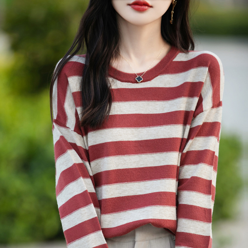 Color-Blocked Striped Long-Sleeved Knitwear for Women, New Autumn and Winter Slim-Fit Sweater, Round Neck Base Top, Cross-Border Women's Clothing Wholesale