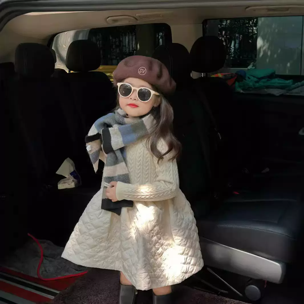 韩国童装儿童秋冬新款连衣裙2024女童毛衣拼接夹棉半裙女孩子长裙