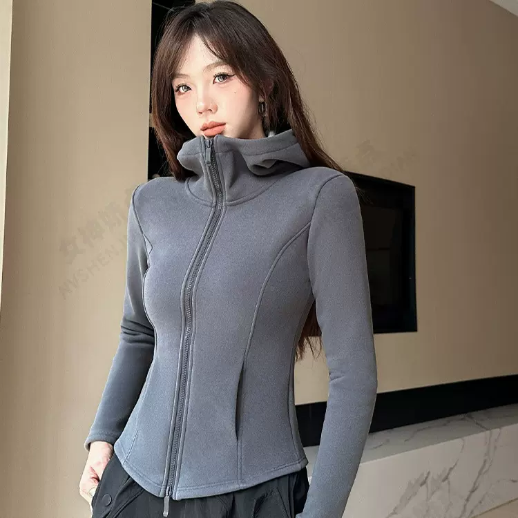 连帽款小蛮腰瑜伽外套女秋冬加厚保暖修身显瘦防风衣百搭卫衣T16