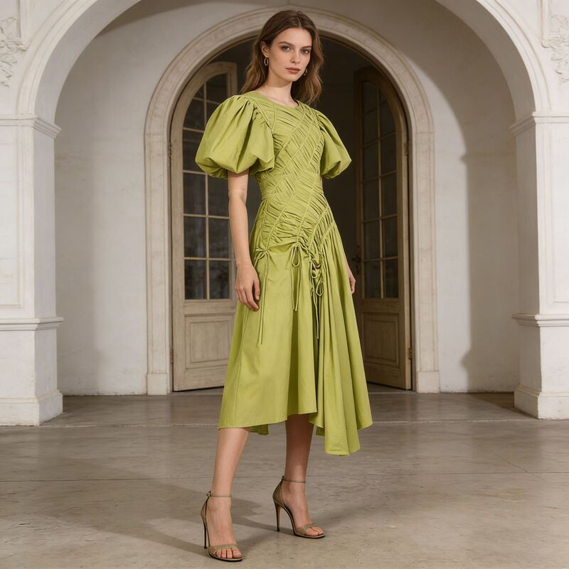 French Bohemian Style Irregular Design Pleated Dress for Women 2026 Autum New Style Elegant Long Dress