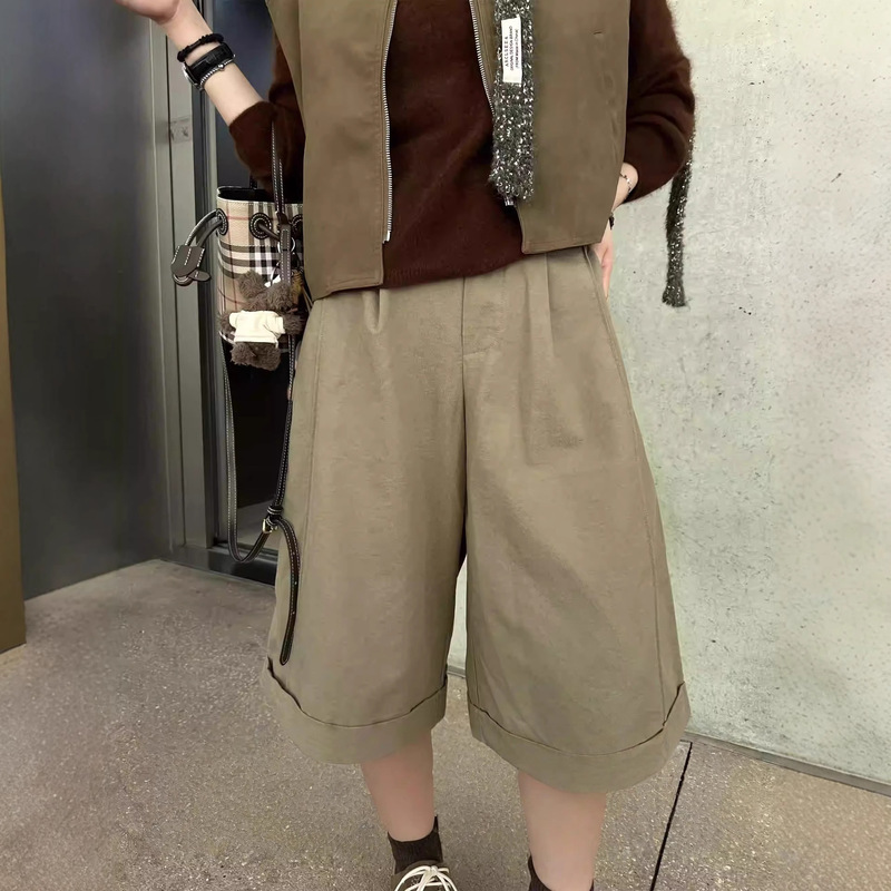 Khaki Straight-Leg Cropped Pants Versatile Autumn and Winter Loose Retro Casual Wide-Leg Pants for Women