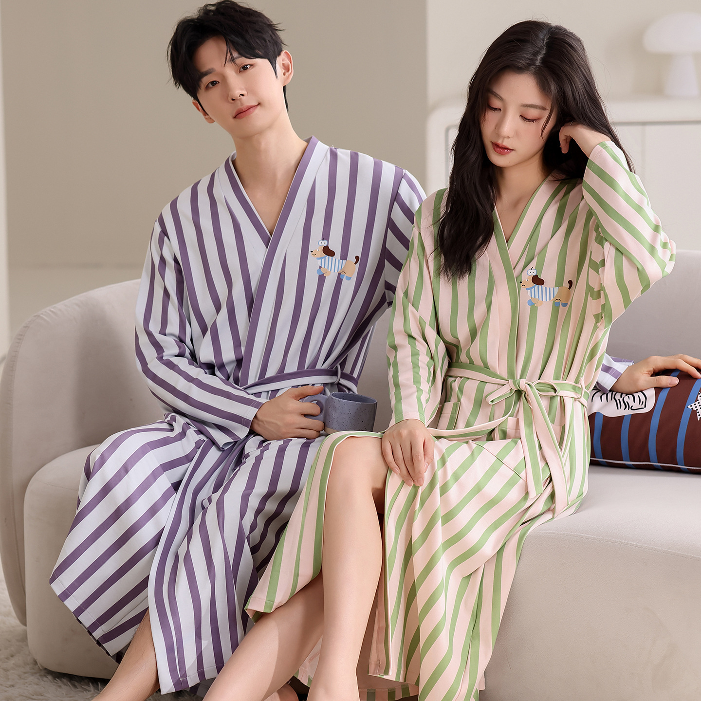 Spring and Autum Thin Men's Pure Cotton Long-Sleeved Nightgown Large Size Loose Lace-Up Pajamas Mid-Length Bathrobe Home Clothes