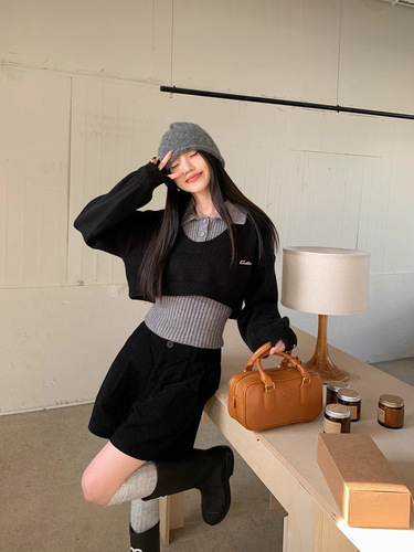 American-style Campus Look Set: Short Knit Top with Layered Sweater, Women's Autumn/Winter Slim Fit Base Layer Top—Two-Piece Outfit
