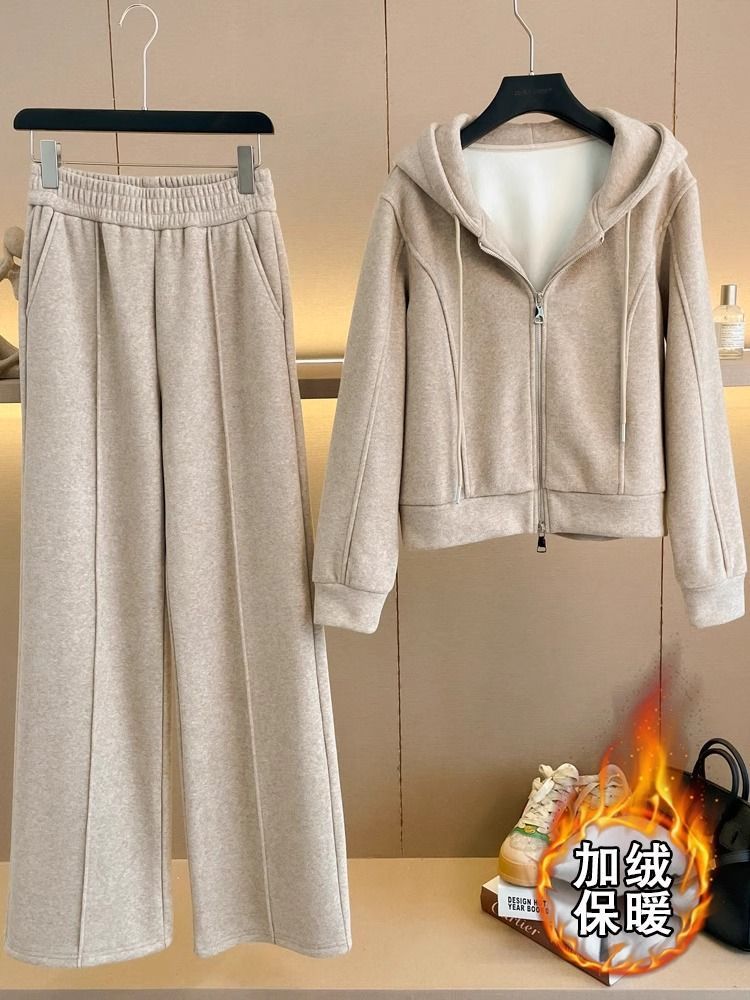 Velvet Casual Sports Suit Women's Autumn and Winter New Loose Slim Hooded Sweatshirt Wide-Leg Pants Two-Piece Set