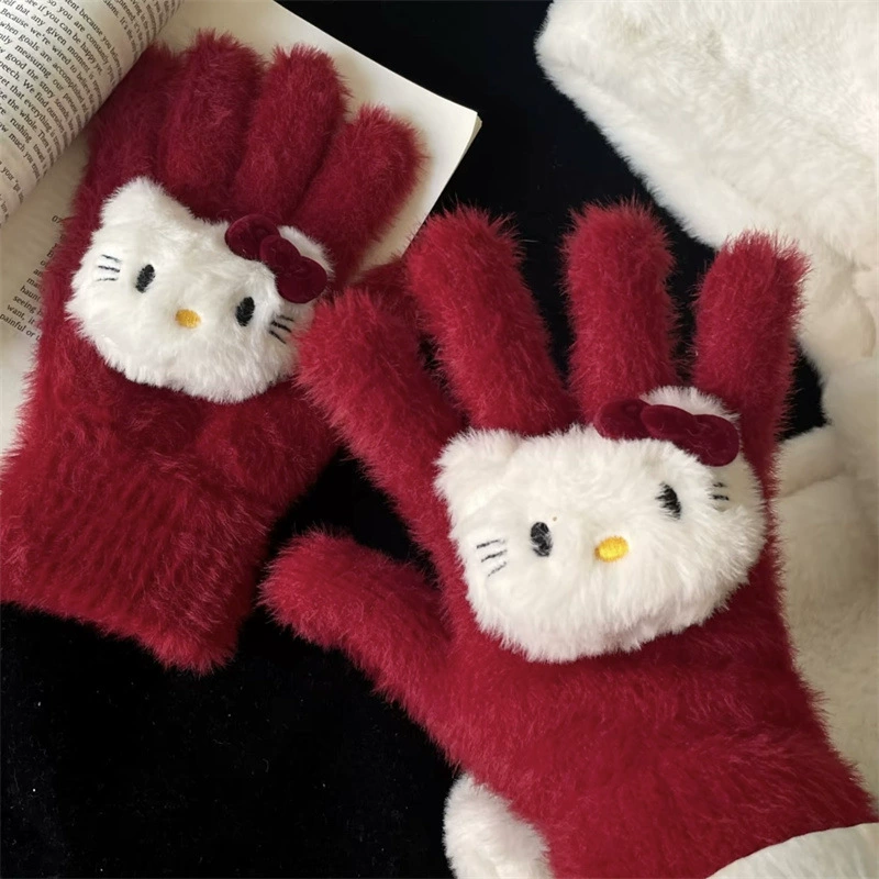 Зимние перчатки (Hello Kitty), искусственный кроличий мех, рождественский уютный красный, сенсорное управление