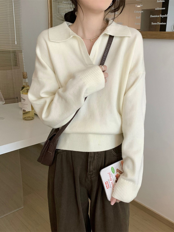 慵懒风宽松上衣百搭polo翻领针织打底衫女2025新款春秋冬内搭毛衣|undefined