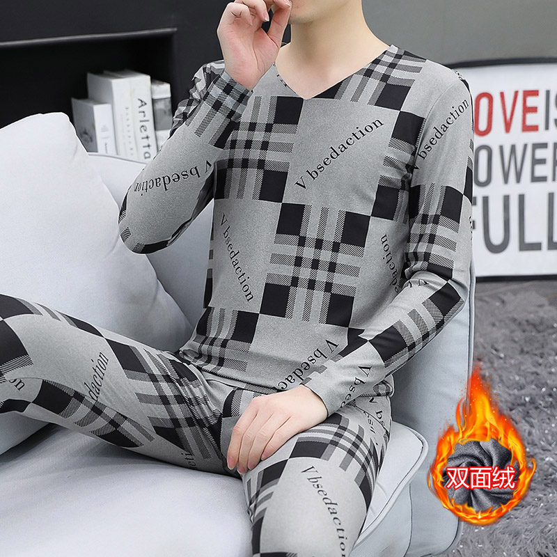 열 속옷 남성 양면 벨벳 세트 겨울 두껍게 매끄러운 V-목 바닥 셔츠 플러스 사이즈 가을 옷 가을 바지 세트